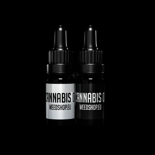 THCA and CBD cannabis oil bottles with EU compliant THC level
